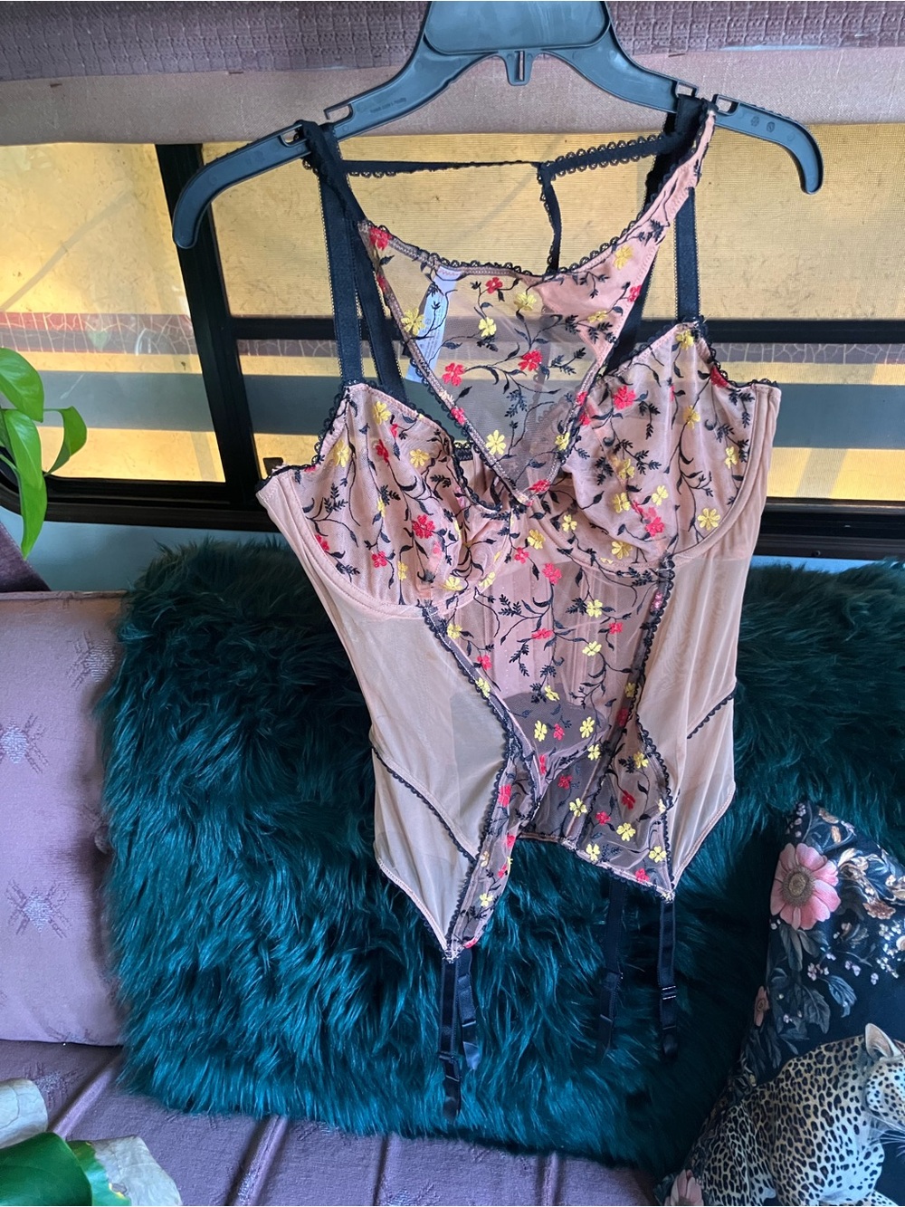 Adore Me Blush Floral Embroidered Mesh Bustier (38DD) and Thong (L) Set